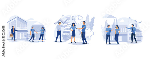 real estate business concept with houses, business successful team, industrial infographic template, set flat vector modern illustration