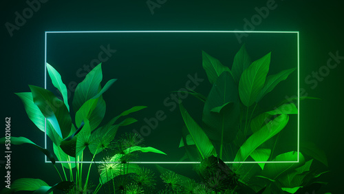 Green and Blue Neon Light with Tropical Plants. Rectangle shaped Fluorescent Frame in Exotic Environment.