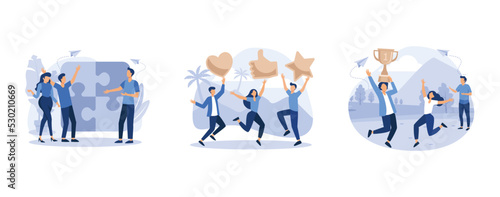 Team metaphor, people leave feedback and comments that successful work is the highest score, best score winner prize, set flat vector modern illustration
