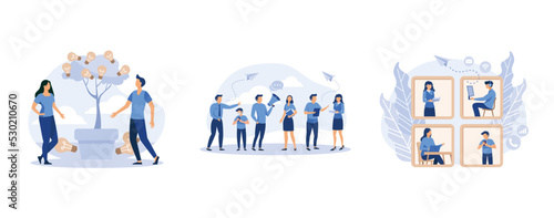 tree with bulbs and ideas, social networking, communication via the Internet, set flat vector modern illustration