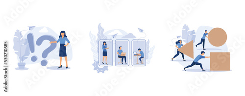 frequently asked questions of exclamation marks and question marks, working and meeting workers online, businessman pushing sphere and leading the race against group other not so lucky guy pushing box
