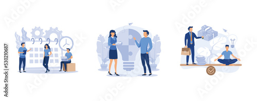 little people characters make an online schedule in the tablet, people with lightbulb puzzle, teamwork and corporate leisure and yoga courses, set flat vector modern illustration