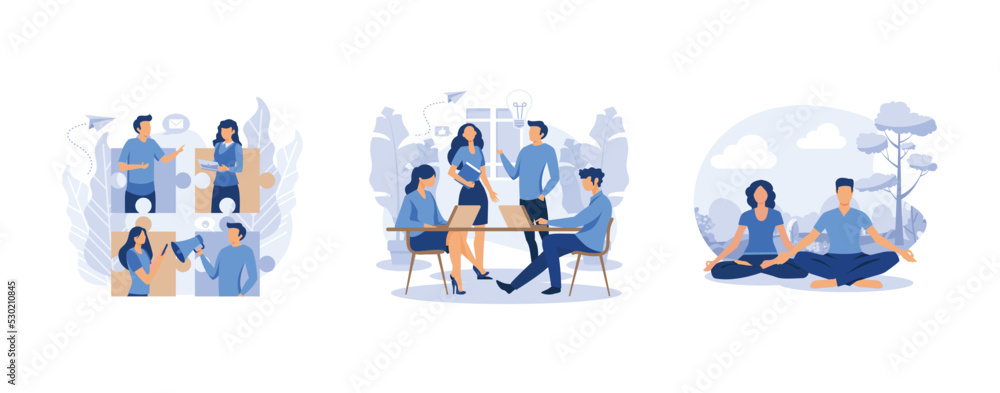 people connecting puzzle elements social networks, vector team thinking and brainstorming,yoga health benefits of the body, set flat vector modern illustration