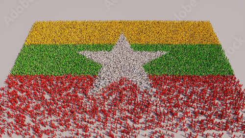 Burmese Flag formed from a Crowd of People. Banner of Myanmar on White. photo