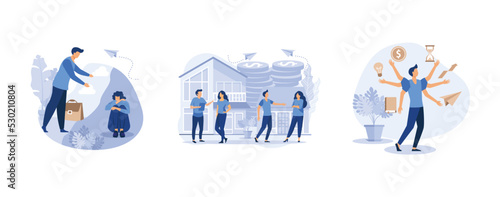 concept of support for those under stress, real estate business concept with houses,virtual business assistant, set flat vector modern illustration