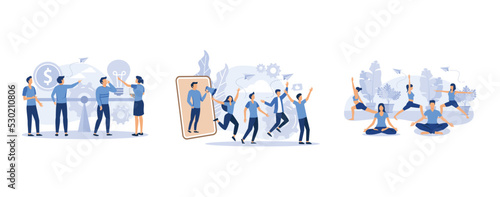 balance and balance, promotion method, concept of meditation during working hours, set flat vector modern illustration