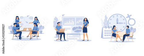 workers are sitting at the negotiating table, office workers are studying the infographic, app for tracking menstrual cycle and ovulation, set flat vector modern illustration