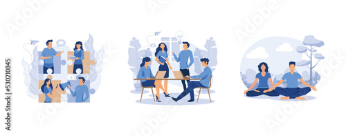 people connecting puzzle elements social networks, vector team thinking and brainstorming,yoga health benefits of the body, set flat vector modern illustration