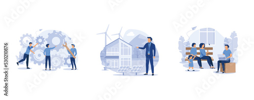 business mechanism, energy from solar panels and windmills, psychotherapeutic counseling for a child concept, set flat vector modern illustration