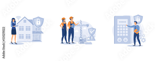 Security solutions. Security systems design, construction site protection, access control system, commercial building. set flat vector modern illustration