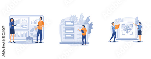 Project development specifications. Business analysis, software requirement description, vision and scope document, SWOT analysis. set flat vector modern illustration