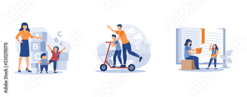Pre-school children. Early education, social-emotional development, dads contribution to childrens education, toddler creative skill. set flat vector modern illustration