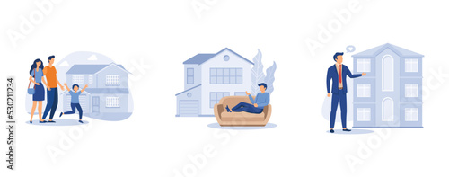 Real estate market. Family house, private residence, condominium, mortgage loan, down payment, land ownership, detached home. set flat vector modern illustration