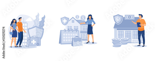 Governmental help. Emergency support fund, paid leave for quarantined workers, mortgage relief program, financial support. set flat vector modern illustration