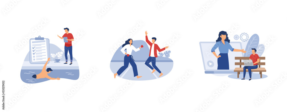 Fototapeta premium Personal training. Swimming and lifesaving classes, self defense, how-to videos, pool instructor, martial arts. set flat vector modern illustration