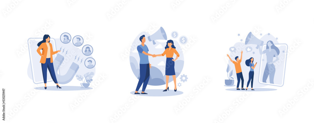 Customer oriented marketing. Customer oriented marketing strategy abstract concept vector illustration set. Word of mouth, relationship marketing, referral program, recommendation, brand loyalty. set Customer oriented marketing. Customer oriented marketing strategy abstract concept vector illustration set. Word of mouth, relationship marketing, referral program, recommendation, brand loyalty. set
