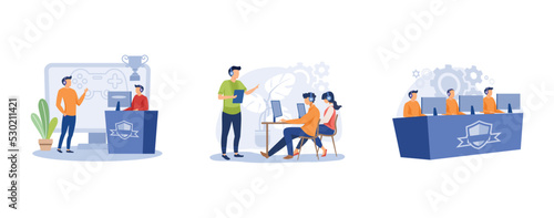 Video games. Esports coaching, player training, cybersport team, computer club, battle arena, e-games tournament. set flat vector modern illustration