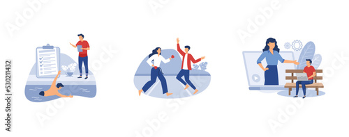 Personal training. Swimming and lifesaving classes, self defense, how-to videos, pool instructor, martial arts. set flat vector modern illustration