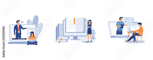 E-learning tools. Online courses, E-library, global online education, certificate diploma, content store access. set flat vector modern illustration