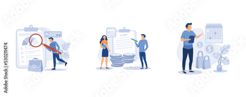 Bank serviceset. Credit rating, loan disbursement, deferment of payment, risk evaluation, student loan, payment terms. flat vector modern illustration