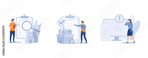 Product manufacturing. Product quality and safety control, defective product testing, customer feedback, inspection. set flat vector modern illustration