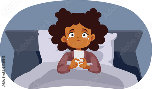 Crying Girl Reading Mean Online Comments Vector Illustration. Unhappy child receiving hate messages on social media platforms
