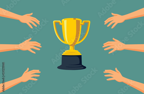 People Competing for a golden Trophy in Contest Vector Cartoon Illustration. Competitive co-workers racing for the first place in a tournament 
