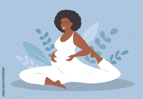 vector illustration in flat style black pregnant woman doing yoga