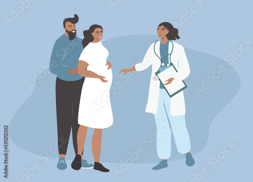 vector illustration in flat style - a doctor consults a pregnant woman and her husband
