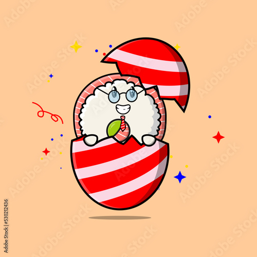 Cute cartoon sushi character coming out from easter egg look so happy in illustration cartoon style
