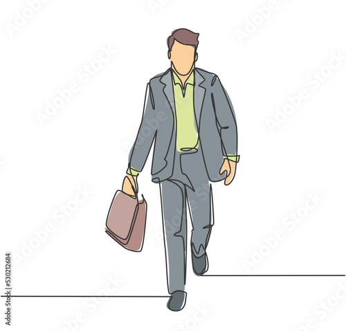 One single line drawing of young male manager walking in hurry at city street try not be late for work meeting at office. Urban commuter worker concept continuous line draw design vector illustration