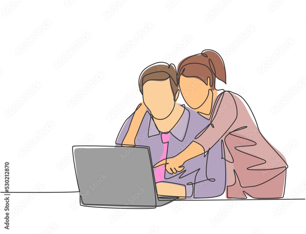 One single line drawing of young happy couple embracing and hugging romantic in front of computer discussing business. Couple lover worker concept continuous line draw design vector illustration One single line drawing of young happy couple embracing and hugging romantic in front of computer discussing business. Couple lover worker concept continuous line draw design vector illustration