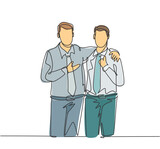 One single line drawing of young happy businessmen hugging each other to show support when meeting at the office. Business friendship concept continuous line draw design graphic vector illustration