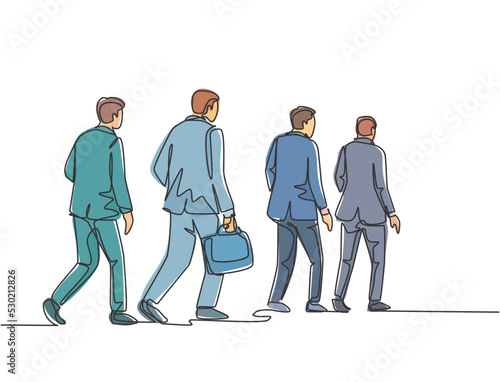 One single line drawing of young male and female employees walking together rushed so as not to be late for work. Urban commuter workers concept continuous line draw design vector graphic illustration