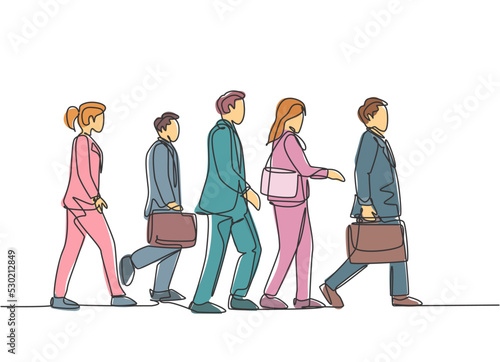 One continuous line drawing of group male and female urban commuters walking pass over on city street go to the office. Urban commuter workers concept single line draw design vector illustration