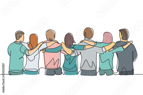Single continuous line drawing about group of men and woman from multi ethnic standing together to show their friendship bonding. Unity in diversity concept one line draw design vector illustration photo