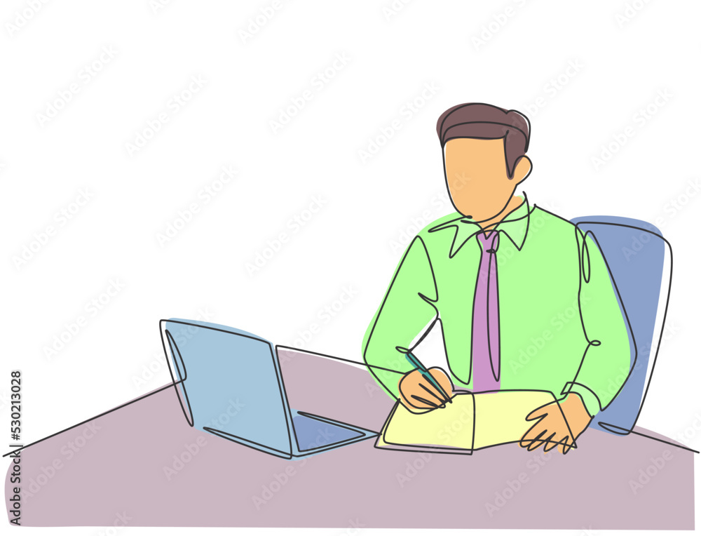One single line drawing of young serious businessman staring at laptop and writing business notes to the team member at office. Business letter concept continuous line draw design vector illustration
