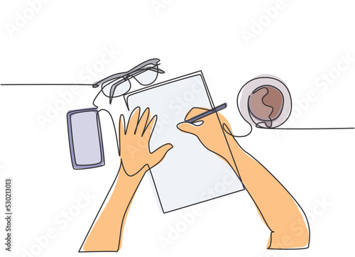 One continuous line drawing of hand writing gesture on a piece of paper beside glasses, smartphone and a cup of coffee. Writing business draft concept. Single line draw design vector illustration