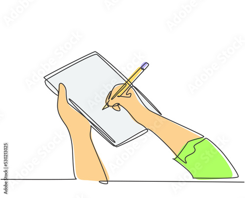 Single continuous line drawing of hand gesture fast writing on paper at clipboard. Business to do list write on notebook concept. One line draw design vector illustration