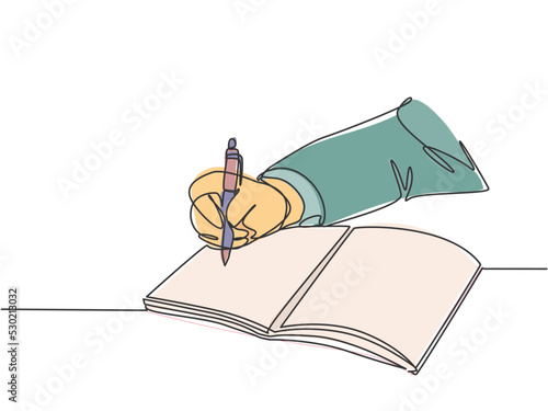 Single continuous line drawing of hand gesture writing on an open note book to write business draft. Write business diary concept. Trendy one line draw graphic design vector illustration