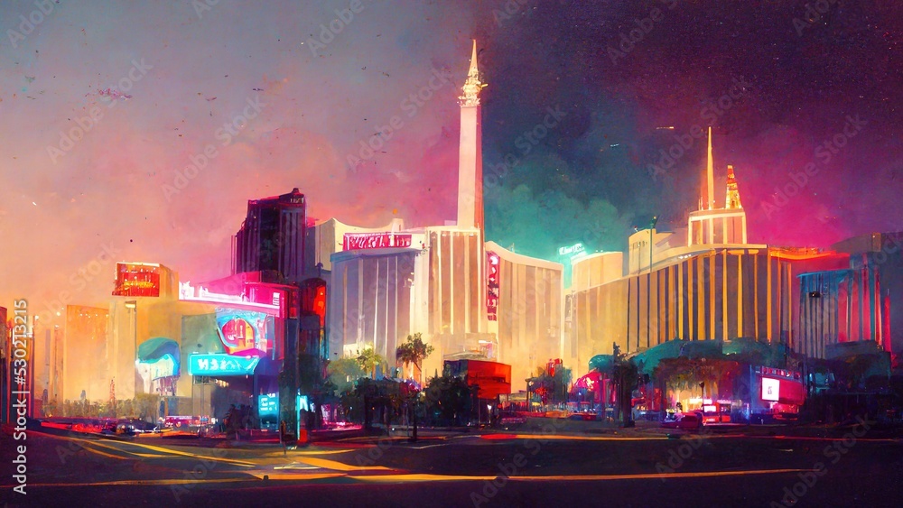 Las Vegas city landscape, vegas painting illustration - obrazy, fototapety, plakaty 