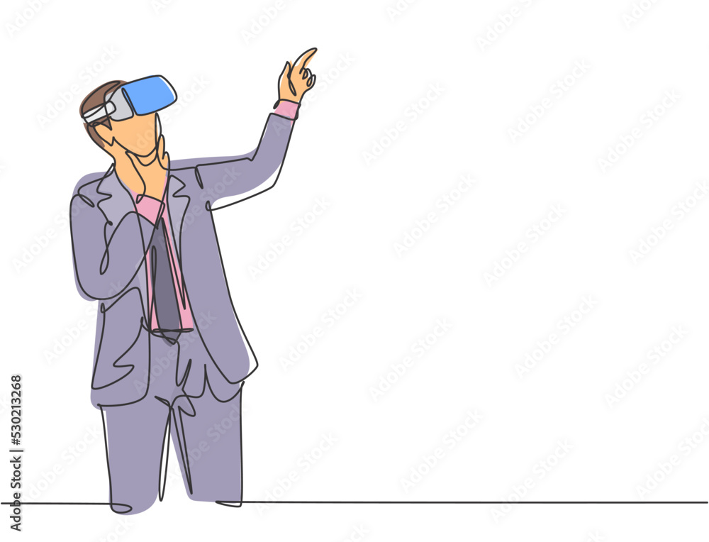 One single line drawing of young serious businessman thinking watching visual simulation on virtual reality. Smart technology futuristic game concept continuous line draw design vector illustration