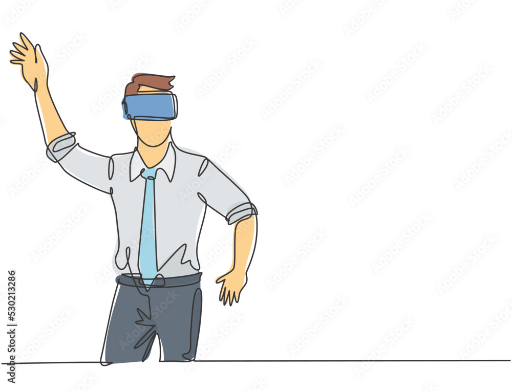 Single continuous line drawing of young shock businessman tries to avoid obstacles while playing game simulation. Virtual reality game player concept one line draw design graphic vector illustration Single continuous line drawing of young shock businessman tries to avoid obstacles while playing game simulation. Virtual reality game player concept one line draw design graphic vector illustration