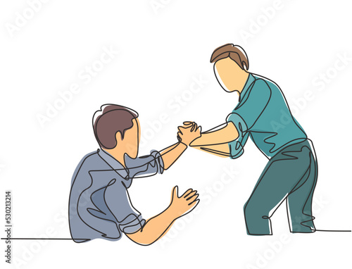 Single continuous line drawing of young happy businessman help to pull out his colleague from failure and rising again. Trendy teamwork support concept one line draw design vector graphic illustration