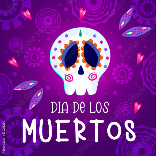 Muertos poster, day dead with skull on purple background. Halloween costume. Cartoon vector illustration. Holiday Muertos background. Mexico catrina skeleton poster