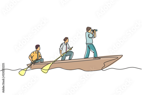 One single line drawing of young male team member take a boat heading to an island while the leader navigate them using binocular. Teamwork concept continuous line draw design vector illustration