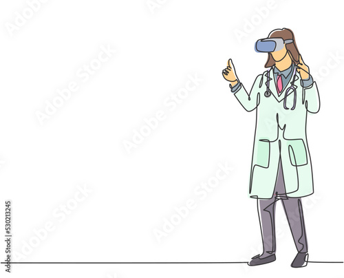 Single continuous line drawing of young female doctor giving thumb up gesture after successful finishing level at game. Virtual reality game player concept one line draw design vector illustration