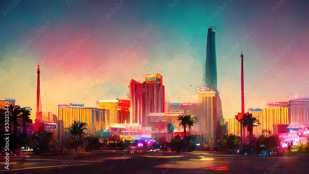Las Vegas city landscape, vegas painting illustration - obrazy, fototapety, plakaty 