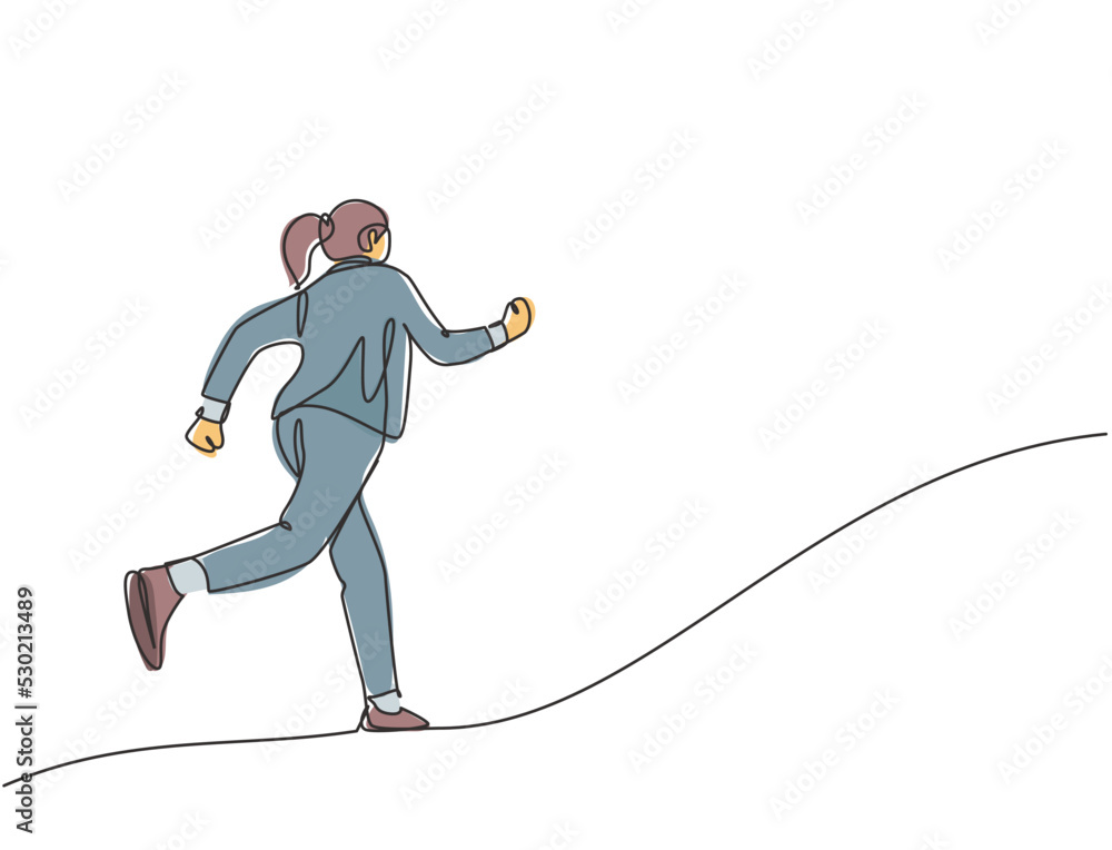 One continuous single line drawing of young happy energetic businesswoman doing running exercise to reach finish line, from rear view. Business race concept single line draw design vector illustration One continuous single line drawing of young happy energetic businesswoman doing running exercise to reach finish line, from rear view. Business race concept single line draw design vector illustration