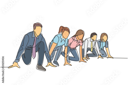 One single line drawing group of businessman and businesswoman get ready on start line to do sprint race. Business running competition concept continuous line draw design vector illustration